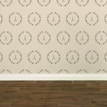 Load image into Gallery viewer, Green Eiffel Tower & Wreath graphic on a cream background wallpaper: L'Abeille Française