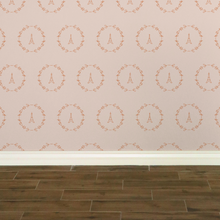 Load image into Gallery viewer, Dark pink Eiffel Tower & Wreath graphic on a pale pink background wallpaper: L'Abeille Française