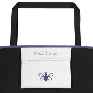Royal Bee Tote white interior pocket with L'Abeille Française logo and signature bee in lavender: Boutique L'Abeille Française
