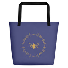 Load image into Gallery viewer, Royal Bee Tote lavender front with gold bee and wreath graphic printed in the centre, black stitching and webbing handles: Boutique L&#39;Abeille Française