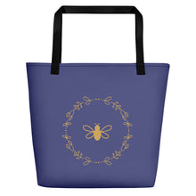 Load image into Gallery viewer, Royal Bee Tote lavender front with gold bee and wreath graphic printed in the centre, black stitching and webbing handles: Boutique L'Abeille Française