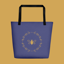 Load image into Gallery viewer, Royal Bee Tote lavender front with gold bee and wreath graphic printed in the centre, black stitching and webbing handles: Boutique L'Abeille Française