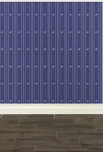 Load image into Gallery viewer, Lavender blue wallpaper with alternating vertical stripes of cream-coloured stylized flower petals and narrow lines: Boutique L'Abeille Française