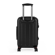 Load image into Gallery viewer, Black back of carry-on Take Me To Paris hard-shell suitcase with black wheels and telescoping handle: Boutique L'Abeille Française