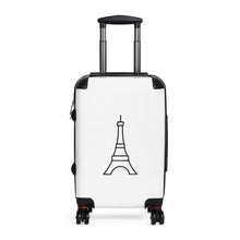 Load image into Gallery viewer, Hard-shell carry-on suitcase with black Eiffel Tower graphic on white background is accented by black trim, back, wheels and telescoping handle: Boutique L'Abeille Française