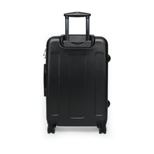 Load image into Gallery viewer, Black back of medium-sized Take Me To Paris hard-shell suitcase with black wheels and telescoping handle: Boutique L'Abeille Française