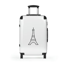Load image into Gallery viewer, Medium-sized hard-shell suitcase with black Eiffel Tower graphic on white background is accented by black trim, back, wheels and telescoping handle: Boutique L'Abeille Française