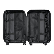 Load image into Gallery viewer, Black interior of large Take Me To Paris hard-shell suitcase with 2 zippered inner pockets and black wheels: Boutique L'Abeille Française