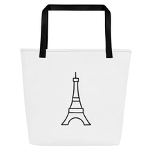 Load image into Gallery viewer, Take Me To Paris Tote white front with a black stylized Eiffel tower graphic printed in the centre, black stitching and webbing handles: Boutique L'Abeille Française