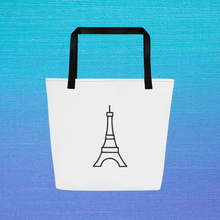 Load image into Gallery viewer, Take Me To Paris Tote white front with a black stylized Eiffel tower graphic printed in the centre, black stitching and webbing handles: Boutique L'Abeille Française