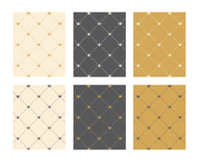 Load image into Gallery viewer, Sample of six colour combinations of wallpaper with a graphic of a stylized bee graphic at the intersection of diagonal lines: L'Abeille Française