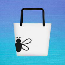 Load image into Gallery viewer, Wandering Bee Tote white front with 3 quarters of a black stylized bee printed on lower left side, black stitching and webbing handles: Boutique L'Abeille Française