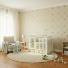 Load image into Gallery viewer, Nursery room with a crib, toys, and cream-coloured wallpaper with a golden bee and trellis design: L'Abeille Française