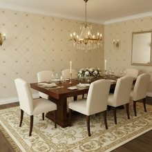 Load image into Gallery viewer, Dining room with a wooden table and white chairs, featuring a cream-coloured wallpaper with a gold bee and trellis design: L'Abeille Française