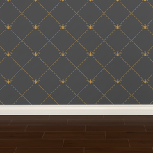 Load image into Gallery viewer, Dark grey wallpaper with gold bee and trellis pattern: L'Abeille Française