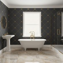 Load image into Gallery viewer, Modern bathroom with freestanding bathtub, and dark grey wallpaper with gold bee and trellis pattern: L'Abeille Française