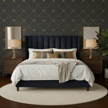 Load image into Gallery viewer, Modern bedroom with a dark blue upholstered bed, white bedding, and dark grey wallpaper with a gold bee and trellis pattern: L'Abeille Française
