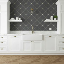 Load image into Gallery viewer, Modern kitchen with white cabinets, marble countertop, and a dark grey wallpaper with stylized cream-coloured bees intersecting diagnonal lines: L'Abeille Française.