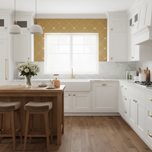 Load image into Gallery viewer, Modern kitchen with white cabinets, wooden island, and gold-coloured wallpaper with a cream-coloured bee and trellis design: L'Abeille Française