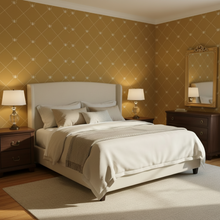 Load image into Gallery viewer, A bedroom with gold-coloured wallpaper with a cream-coloured bee and trellis design: L'Abeille Française