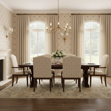 Load image into Gallery viewer, Dining room with a wooden table and chairs, and cream-coloured wallpaper with a design of dark grey bees intersecting diagnonal lines: L'Abeille Française