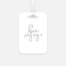Load image into Gallery viewer, Hard, white plastic luggage tag with Bon Voyage written on it in a lavender blue script