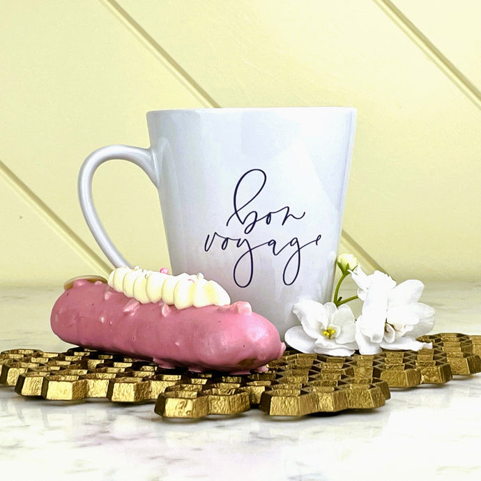 Bon Voyage Eiffel Latte Mug: bon voyage in lavender script on a white latte mug: Boutique L'Abeille 