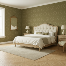 Load image into Gallery viewer, Neatly arranged bedroom with a bed, lamps, and moss green coloured wallpaper with cream Eiffel Tower &amp; design: L'Abeille Française.