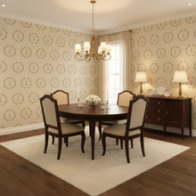 Load image into Gallery viewer, Dining room with wooden table and chairs, chandelier, and sideboard and cream coloured wallpaper with moss green Eiffel Tower &amp; Wreath graphic: L'Abeille Française.