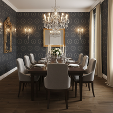 Load image into Gallery viewer, Dining room with a chandelier, table, chairs, and dark grey wallpaper with a cream coloured Eiffel Tower design: L'Abeille Française