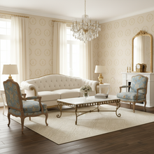 Load image into Gallery viewer, Elegant living room with cream coloured wallpaper with a gold Eiffel Tower design, white sofa, ornate coffee table, and decorative chairs.  : L'Abeille Française 