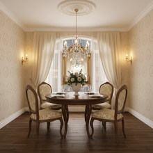 Load image into Gallery viewer, Dining room with cream coloured wallpaper with a gold Eiffel Tower design, a round table and chairs, and crystal chandelier.  : L'Abeille Française  