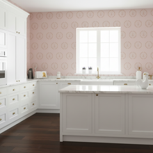 Load image into Gallery viewer, Kitchen with pale pink wallpaper with dark pink Eiffel Tower design: L'Abeille Française