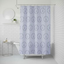 Load image into Gallery viewer, A light lavender shower curtain with a repeating pattern of the Eiffel Tower inside circular wreaths, hanging in a bright, modern white-tiled bathroom next to a clawfoot tub: L'Abeille Française