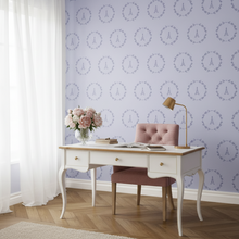 Load image into Gallery viewer, Home office with wallpaper with a dark lavender Eiffel Tower design on a lavender background and a desk and chair.