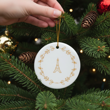 Load image into Gallery viewer, Decorative ornament with Eiffel Tower design on a Christmas tree.