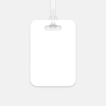 Load image into Gallery viewer, The blank back of a hard, white plastic luggage tag provides ample space for adding personal information