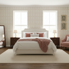 Load image into Gallery viewer, Bedroom with cream-coloured wallpaper with alternating vertical stripes of peach coloured stylized flower petals and narrow lines: Boutique L'Abeille Française