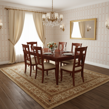 Load image into Gallery viewer, Dining room with cream-coloured wallpaper with alternating vertical stripes of peach coloured stylized flower petals and narrow lines: Boutique L'Abeille Française