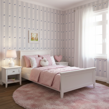 Load image into Gallery viewer, Girl's bedroom with cream-coloured wallpaper with alternating vertical stripes of lavender blue coloured stylized flower petals and narrow lines: Boutique L'Abeille Française