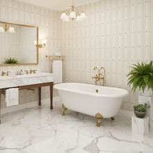 Load image into Gallery viewer, Bathroom with cream-coloured wallpaper with alternating vertical stripes of gold-coloured stylized flower petals and narrow lines: Boutique L'Abeille Française