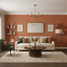 Load image into Gallery viewer, Living room with peach-coloured wallpaper with alternating vertical stripes of cream-coloured stylized flower petals and narrow lines: Boutique L'Abeille Française