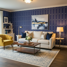 Load image into Gallery viewer, Contemporary living room with lavender wallpaper with alternating vertical stripes of cream-coloured stylized flower petals and narrow lines: Boutique L'Abeille Française