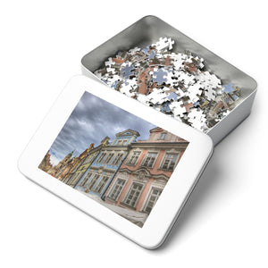 14" × 11" 252 precise interlocking piece puzzle of pastel-coloured Baroque houses in Prague and comes in a metal box: L'Abeille Française