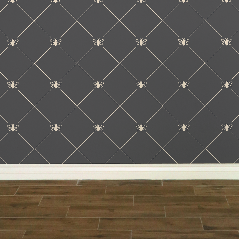Stylized cream-coloured bees intersecting diagnonal lines on a dark grey wallpaper: L'Abeille Française