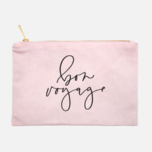 Load image into Gallery viewer, Powder-pink cotton canvas cosmetic bag with &#39;bon voyage&#39; printed on the front in black script: L&#39;Abeille Française