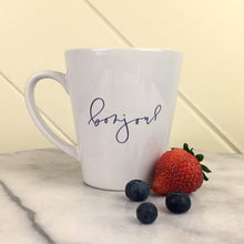 Load image into Gallery viewer, Bonjour Eiffel Latte Mug: bonjour in lavender script on a white latte mug
