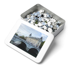 Load image into Gallery viewer, 14&quot; × 11&quot; 252 precise interlocking piece puzzle of the Pont au Change and Conciergerie in Paris in a metal box: L&#39;Abeille Française