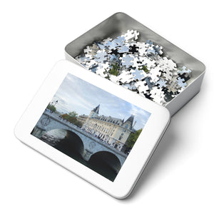 14" × 11" 252 precise interlocking piece puzzle of the Pont au Change and Conciergerie in Paris in a metal box: L'Abeille Française