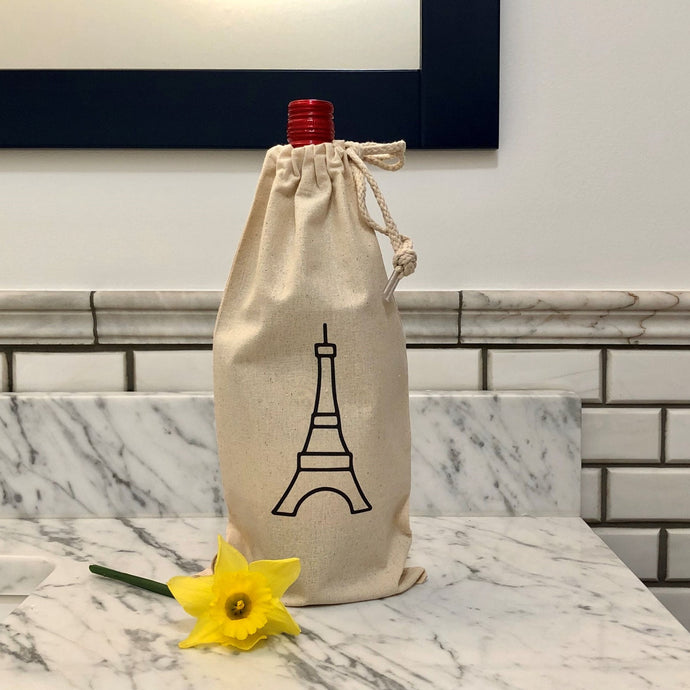Paris-inspired, natural canvas Eiffel Wine Bag with black graphic: L'Abeille Française